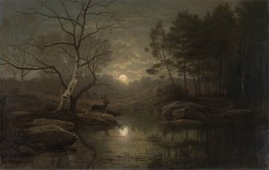 月明かりによる森林景観。キャンバスに油彩ミディアムQS 作： Georg Eduard Otto Saal